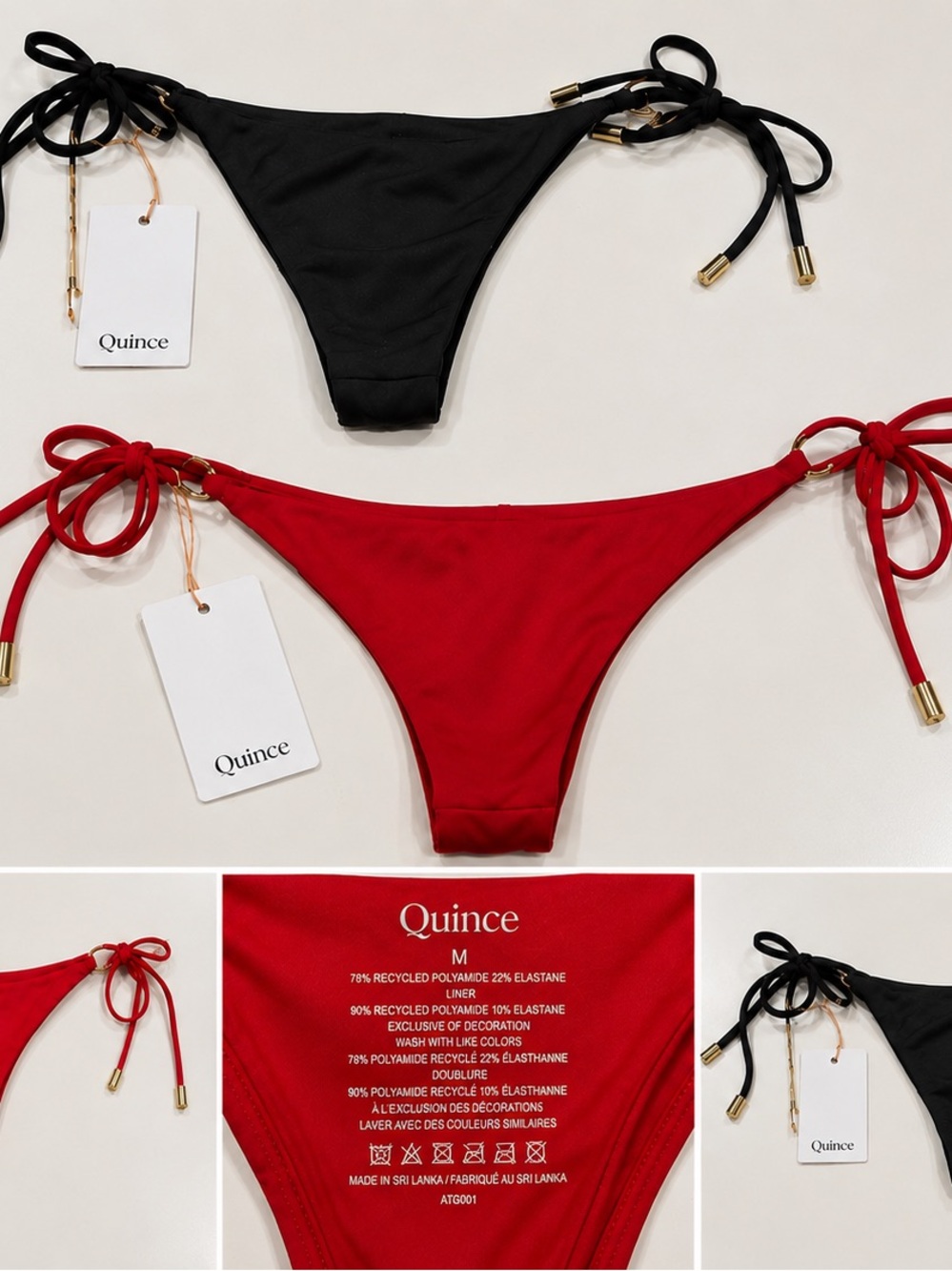2 Pair NWT Quince Italian Side Tie Thong Bikini Bottom Bundle Red & Black Size M